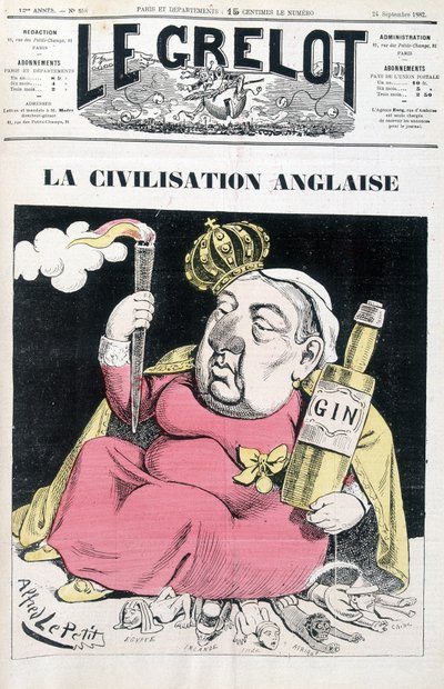 Engelse beschaving: Victoria, een fles gin in de hand, zittend op Egypte, Ierland, India, Afrika en China - door Alfred Le Petitty, in 