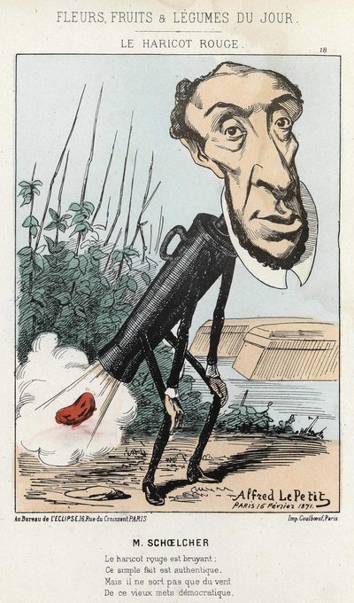 Le Bean rouge: karikatuur door Victor Schoelcher vertegenwoordigt in de trein van Peter een boon (scheet) - ill. van 16/02/1871 door Alfred Le Petit, in “Bloemen, Fruit en Groenten van de Dag” door Alfred Le Petit