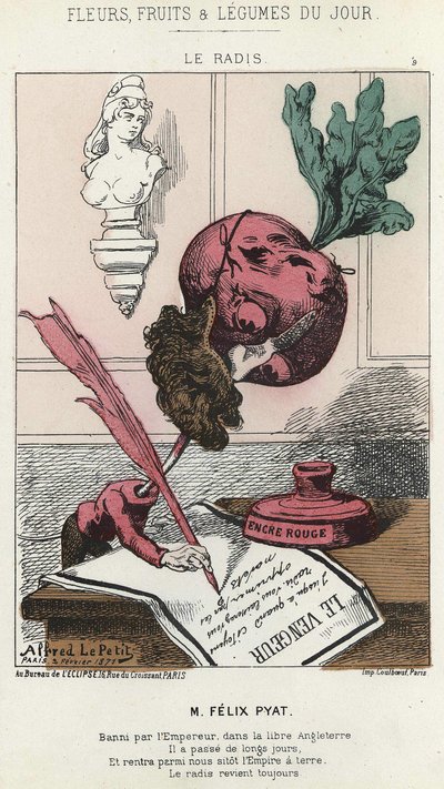 Le Radis: Karikatuur over Félix Pyat (1810 - 1889) - ill. van 02/02/187 in “Bloemen, Fruit en Groenten van de Dag” door Alfred Le Petit