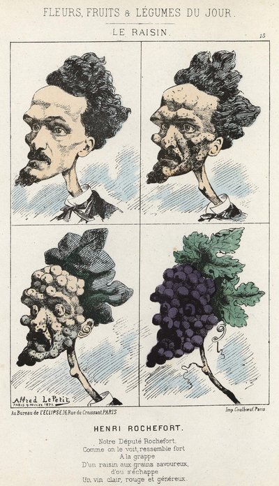 Le Raisin: Karikatuur over Henri Rochefort - ill. van 09/02/1871 in “Bloemen, Fruit en Groenten van de Dag” door Alfred Le Petit