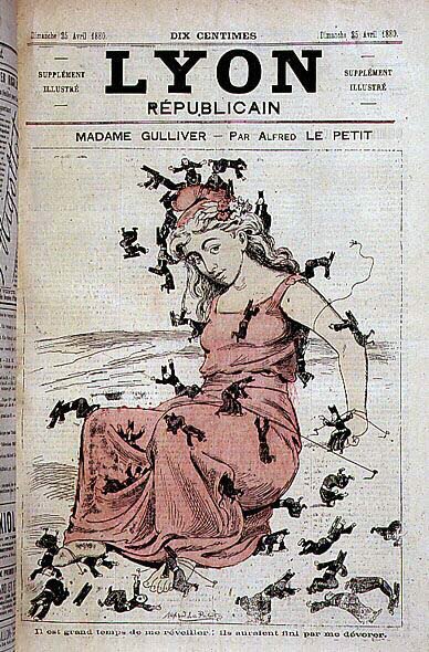 Madame Gulliver: Het is hoog tijd om me wakker te maken: ze zouden me hebben opgegeten (Marianne staat op en mannen van de geestelijkheid, in Lilliputters, proberen haar vast te binden) - door Alfred Le Petitty, in “Lyon Républicain” van 25/04/1880 door Alfred Le Petit