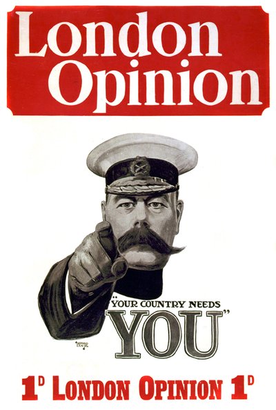 Eerste Wereldoorlog: poster voor de rekrutering van Britse soldaten: Commandant Lord Horatio Herbert Kitchener van Khartoum wijzend naar militaire mogelijkheden 