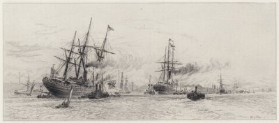 Schepen op de Mersey door Alfred Louis Brunet Debaines