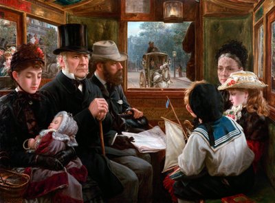 Een busrit naar Piccadilly Circus Mr Gladstone reist met gewone passagiers, 1885 door Alfred Morgan