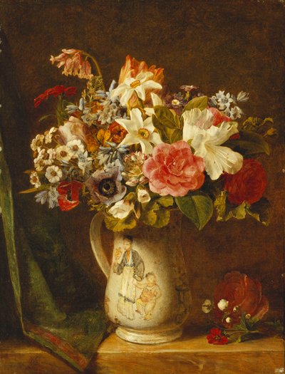 Rozen, narcissen en andere bloemen in een vaas door Alfred Morgan