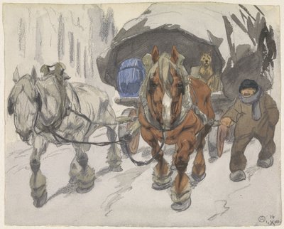Boerenwagen met twee paarden ervoor door Alfred Ost