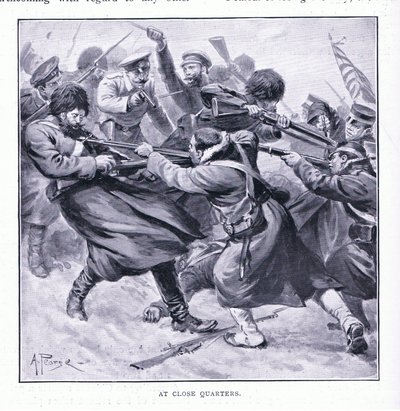 Op korte afstand, illustratie uit Cassells History of the Russo-Japanese War Vol 1, ca. 1900 door Alfred Pearse