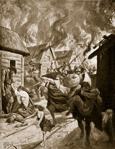 Canterbury Verbrand door de Denen, 851 AD, illustratie uit 