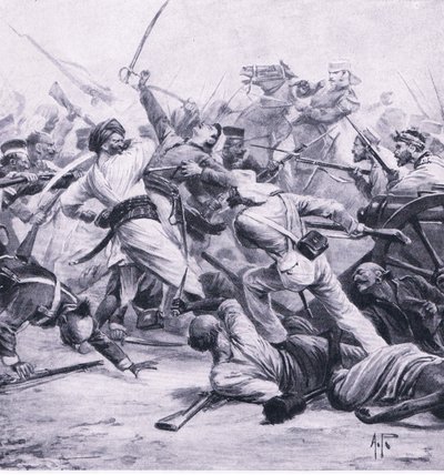 Nicholsons nederlaag van de rebellen bij Najafgarh, 2 augustus 1857, illustratie uit British Battles on Land and Sea, 1915 door Alfred Pearse