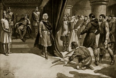 Boeren gooien hun ploegscharen neer aan de voeten van Hendrik I, illustratie uit 