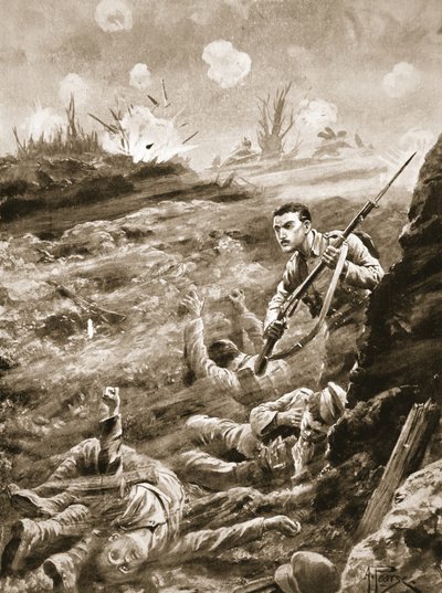 Soldaat E. Warner houdt alleen een loopgraaf vast die was geëvacueerd na een gasaanval door Alfred Pearse