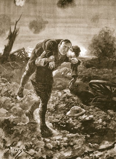 Tijdelijke luitenant G. St. G. S. Cather brengt een gewonde man binnen in het volle zicht van de vijand en onder mitrailleur- en artillerievuur door Alfred Pearse