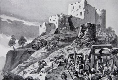 De Welshe aanval op Montgomery Castle in 1095 onder leiding van Cadwgan ap Bleddyn, Prins van Powys, illustratie uit 