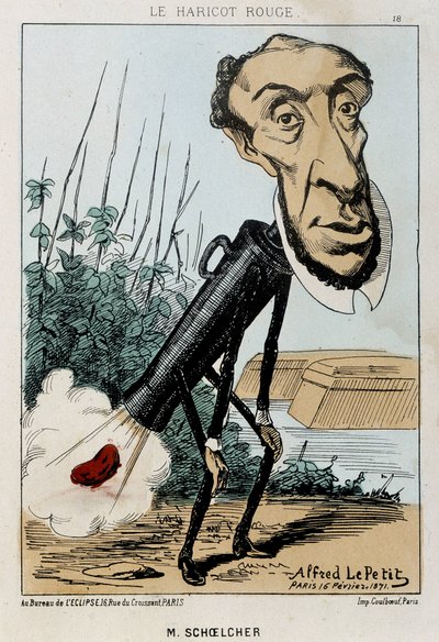 Le Bean rouge: karikatuur van Victor Schoelcher afgebeeld in de trein van Peter een boon (scheet) - ill. van 16/02/1871 in "Fleurs, Fruits et Vegetables du Jour" door Alfred Petit