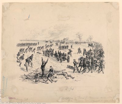 Verovering van kanonnen en vernietiging van een Zuidelijke wagenkolonne door Alfred R. Waud