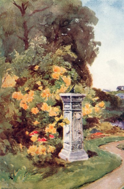 "De zonnewijzer stond als de tuingod van christelijke tuinen. Het sprak van gematigde arbeid, van plezier dat niet na zonsondergang werd verlengd" door Alfred Rawlings