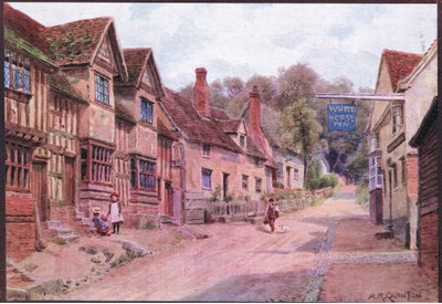 Huizen vroeger bewoond door wevers, Kersey, Suffolk, uit The Cottages and the Village Life of Rural England gepubliceerd door Dent & Sons Limited door Alfred Robert Quinton