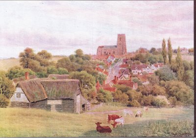 De kerk op de heuvel, Kersey, Suffolk, uit The Cottages and the Village Life of Rural England gepubliceerd door Dent & Sons Limited, 1912 door Alfred Robert Quinton
