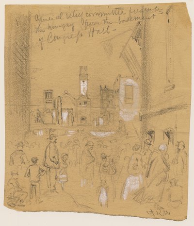 Algemeen Hulpcomité voedt de hongerigen vanuit de kelder van Congress Hall tijdens de brand van Chicago in 1871 door Alfred Rudolph Waud