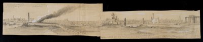 Noordelijk district vanaf de Erie Street Bridge, kijkend naar het oosten, tijdens de brand van Chicago in 1871 door Alfred Rudolph Waud