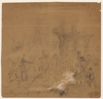 Zoeken naar een kluis in de ruïnes na de brand van Chicago in 1871 door Alfred Rudolph Waud