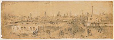 Uitzicht vanaf de Erie Street Bridge kijkend naar het oosten tijdens de brand van Chicago in 1871 door Alfred Rudolph Waud