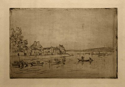 Oevers van de Loing: De zes aangemeerde boten door Alfred Sisley