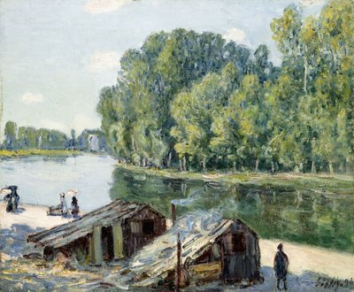 Hutten langs het Canal du Loing, zonlicht effect, 1896 door Alfred Sisley