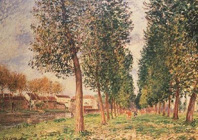 De Populierenlaan bij Moret, Bewolkte Dag, Ochtend door Alfred Sisley