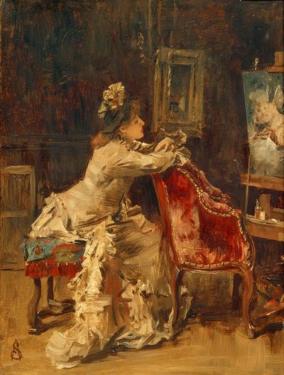A. Stevens, Wachten of Het atelier door Alfred Emile Stevens