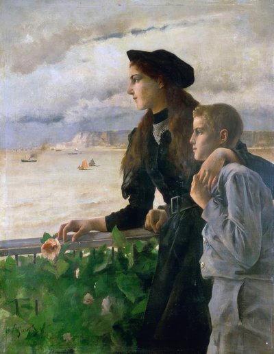 Broer en zus voor de zee in Honfleur door Alfred Emile Stevens