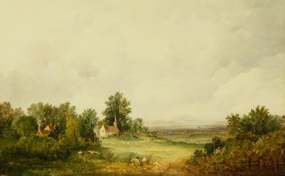 Schapen bij een Kerk in een Bosrijk Landschap door Alfred Vickers