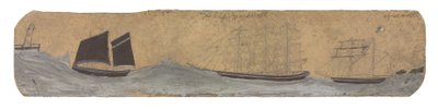 Lugger en twee kleine zeilschepen naderen haven, ca 1855-1942 (olieverf en potlood op kaart) door Alfred Wallis