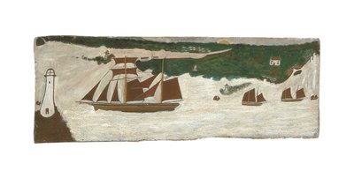 Schoener passeert vuurtoren, ca 1855-1942 (olieverf op board) door Alfred Wallis