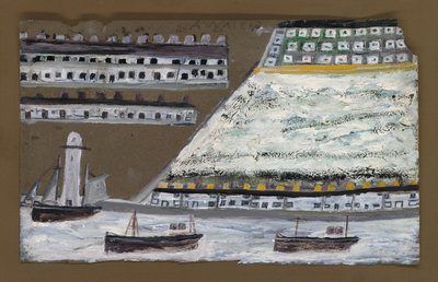 Schepen en vuurtoren, huizen door Alfred Wallis