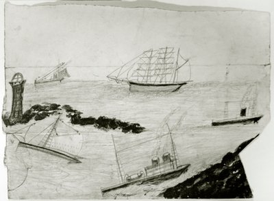 Drie zeilschepen, twee stoomschepen en Godrevy vuurtoren, ca. 1935-38 door Alfred Wallis