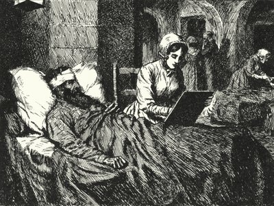 De Engelse verpleegster Florence Nightingale schrijft een brief voor een soldaat die gewond is geraakt in de Krimoorlog in het ziekenhuis van Scutari, 1855 door Alfred Wallis Mills