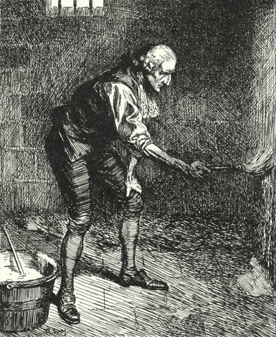 De Engelse gevangenishervormer John Howard reinigt de muren van zijn cel terwijl hij in quarantaine wordt gehouden in Venetië door Alfred Wallis Mills