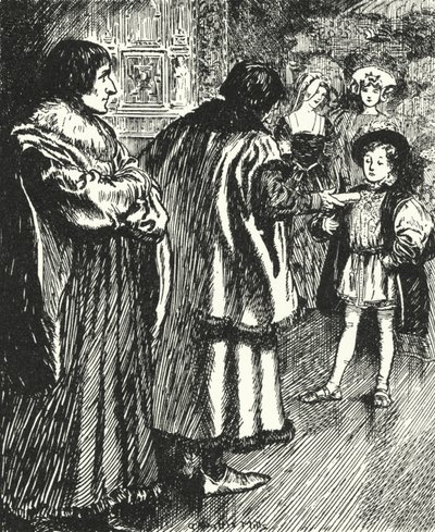 Erasmus kijkt toe hoe Sir Thomas More een gedicht presenteert dat hij heeft geschreven aan de jonge prins Hendrik, de toekomstige koning Hendrik VIII door Alfred Wallis Mills