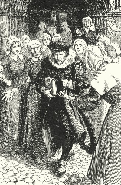 De Schotse priester William Annand veroordeeld door de vrouwen van Edinburgh voor het prediken uit het nieuwe gebedenboek in de St Giles-kathedraal, 1637 door Alfred Wallis Mills