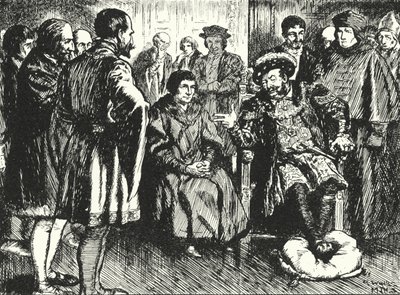 Sir Thomas More aan het hof van Hendrik VIII, weerstaat de pogingen van de koning om hem iets te laten zeggen om hem te vermaken door Alfred Wallis Mills