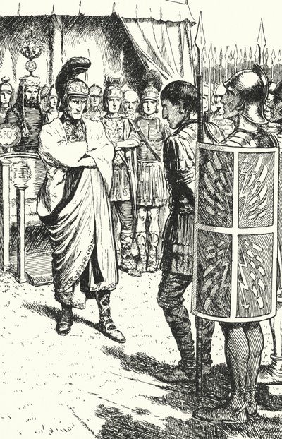 De Romeinse keizer Theodosius de Grote veroordeelt Magnus Maximus ter dood voor zijn rol in de moord op Gratianus, 388 door Alfred Wallis Mills