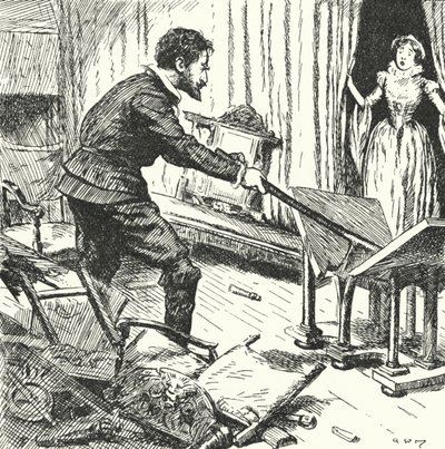 De vrouw van de Franse pottenbakker Bernard Palissy kijkt vol afschuw toe terwijl hij hun meubels kapot slaat om als brandstof voor zijn ovens te gebruiken door Alfred Wallis Mills