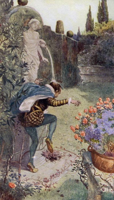 Water uit een kruik gehouden door een standbeeld in een tuin dat op het hoofd van de Franse pottenbakker Bernard Palissy stroomt door Alfred Wallis Mills