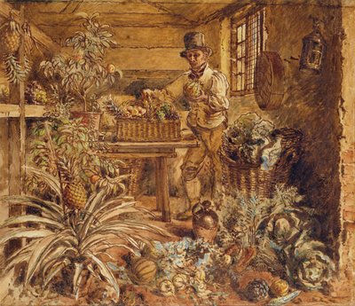 Een tuinman in een potloodschuur met ananassen en diverse groenten door Alfred William Hunt