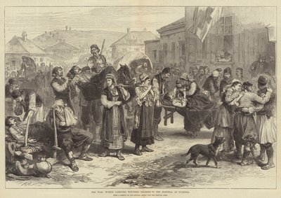 De oorlog, vrouwen dragen gewonde soldaten naar het ziekenhuis in Ivanitza door Alfred William Hunt