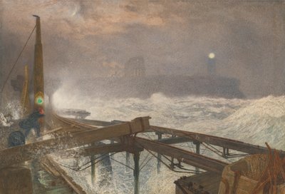 Tynemouth Pier - Lampen aansteken bij zonsondergang door Alfred William Hunt