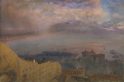 Uitzicht op de baai van Napels met Vesuvius, rokend, in de verte avond door Alfred William Hunt