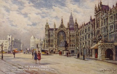 Houses of Parliament en het standbeeld van Richard Leeuwenhart door Alfred de Breanski