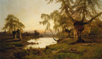Schapen Grazend bij een Meer bij Zonsondergang door Alfred de Breanski
